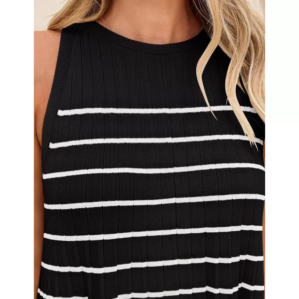 imageZESICA Womens 2024 Summer Sleeveless Tank Dress Crewneck Striped Knit Pleated A Line Casual Short Mini DressesBlack