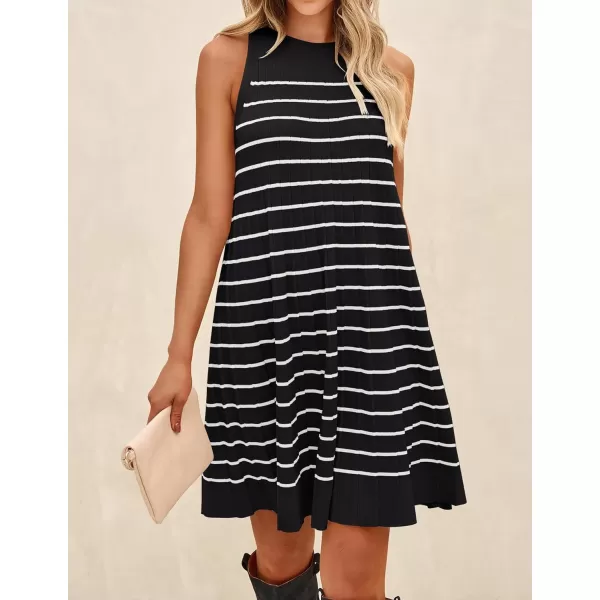 imageZESICA Womens 2024 Summer Sleeveless Tank Dress Crewneck Striped Knit Pleated A Line Casual Short Mini DressesBlack