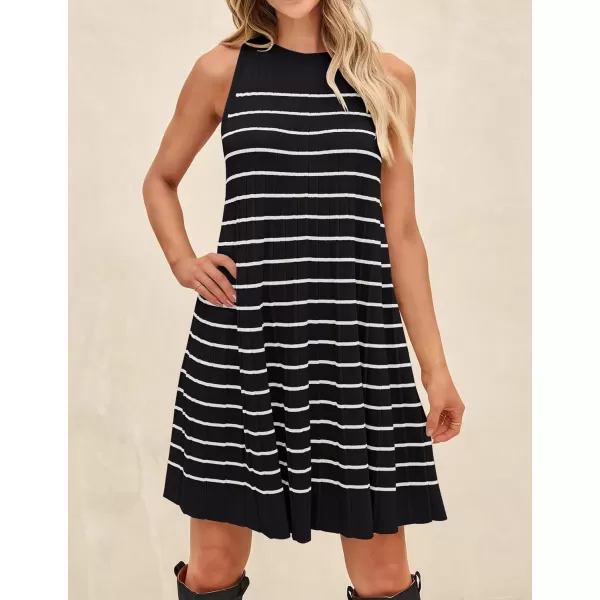 imageZESICA Womens 2024 Summer Sleeveless Tank Dress Crewneck Striped Knit Pleated A Line Casual Short Mini DressesBlack