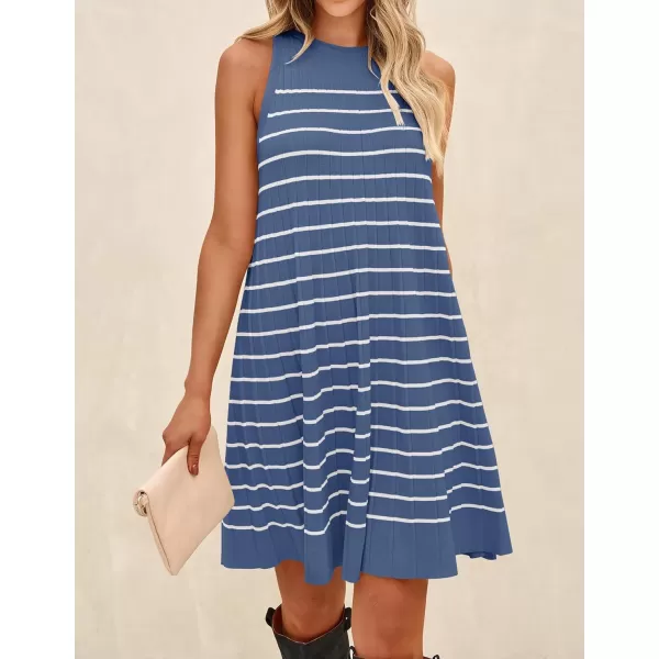 imageZESICA Womens 2024 Summer Sleeveless Tank Dress Crewneck Striped Knit Pleated A Line Casual Short Mini DressesDustyblue