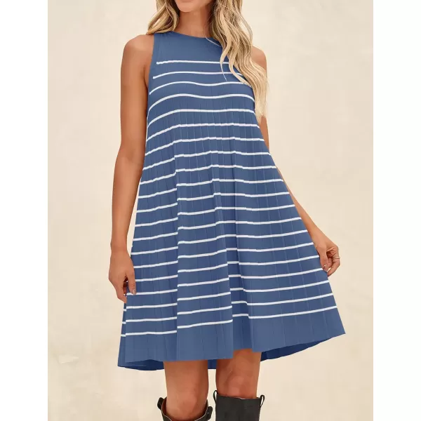 imageZESICA Womens 2024 Summer Sleeveless Tank Dress Crewneck Striped Knit Pleated A Line Casual Short Mini DressesDustyblue