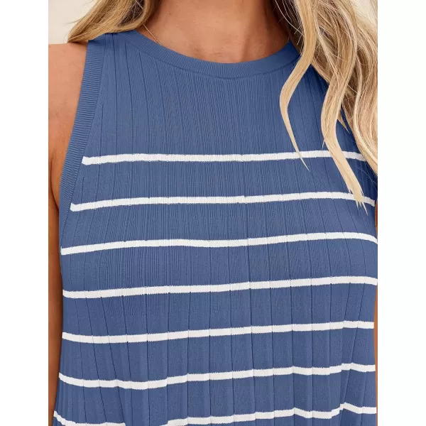 imageZESICA Womens 2024 Summer Sleeveless Tank Dress Crewneck Striped Knit Pleated A Line Casual Short Mini DressesDustyblue