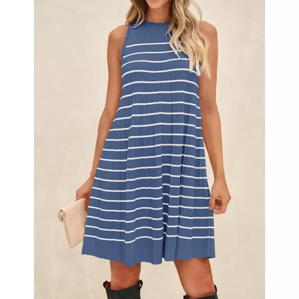 imageZESICA Womens 2024 Summer Sleeveless Tank Dress Crewneck Striped Knit Pleated A Line Casual Short Mini DressesDustyblue
