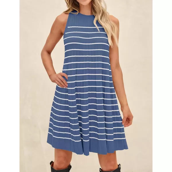 imageZESICA Womens 2024 Summer Sleeveless Tank Dress Crewneck Striped Knit Pleated A Line Casual Short Mini DressesDustyblue