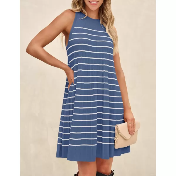 imageZESICA Womens 2024 Summer Sleeveless Tank Dress Crewneck Striped Knit Pleated A Line Casual Short Mini DressesDustyblue