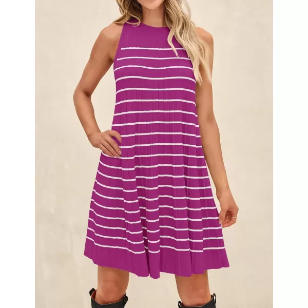 imageZESICA Womens 2024 Summer Sleeveless Tank Dress Crewneck Striped Knit Pleated A Line Casual Short Mini DressesEggplant