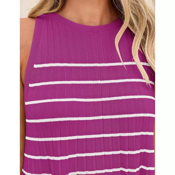 imageZESICA Womens 2024 Summer Sleeveless Tank Dress Crewneck Striped Knit Pleated A Line Casual Short Mini DressesEggplant