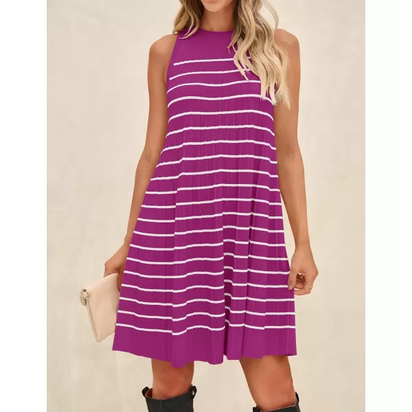 imageZESICA Womens 2024 Summer Sleeveless Tank Dress Crewneck Striped Knit Pleated A Line Casual Short Mini DressesEggplant