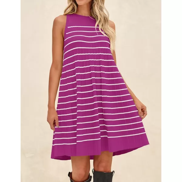 imageZESICA Womens 2024 Summer Sleeveless Tank Dress Crewneck Striped Knit Pleated A Line Casual Short Mini DressesEggplant