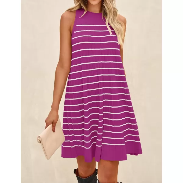 imageZESICA Womens 2024 Summer Sleeveless Tank Dress Crewneck Striped Knit Pleated A Line Casual Short Mini DressesEggplant