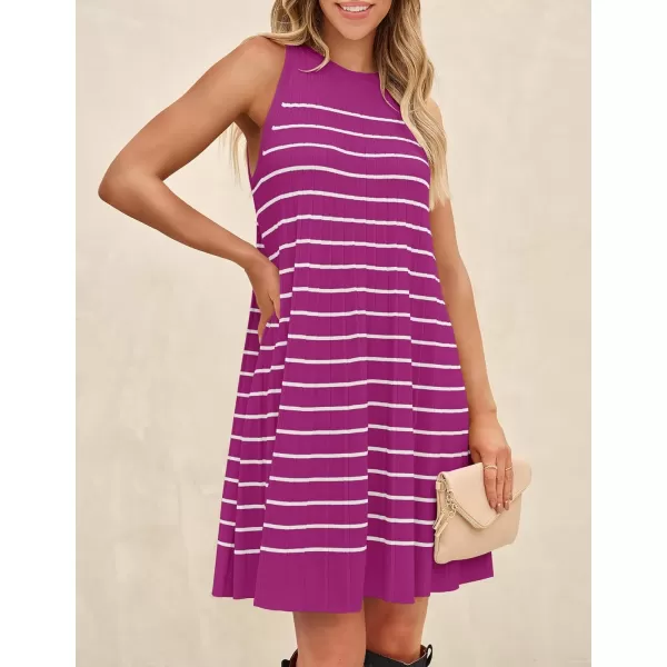 imageZESICA Womens 2024 Summer Sleeveless Tank Dress Crewneck Striped Knit Pleated A Line Casual Short Mini DressesEggplant