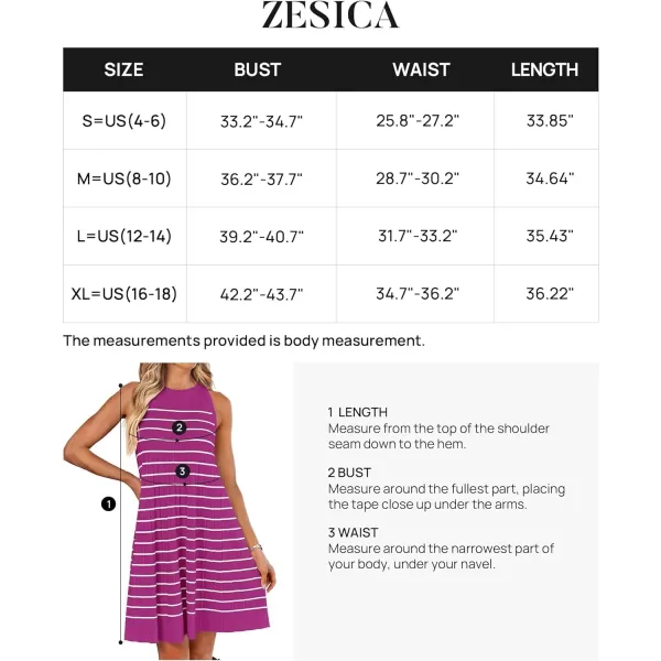 imageZESICA Womens 2024 Summer Sleeveless Tank Dress Crewneck Striped Knit Pleated A Line Casual Short Mini DressesEggplant