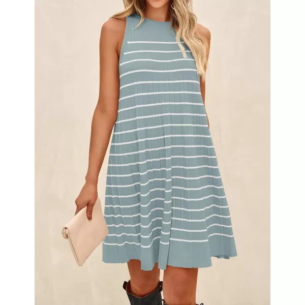 imageZESICA Womens 2024 Summer Sleeveless Tank Dress Crewneck Striped Knit Pleated A Line Casual Short Mini DressesGreen