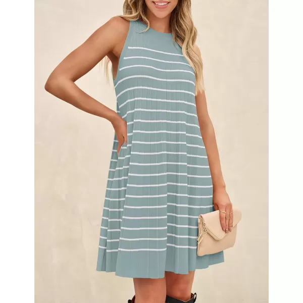 imageZESICA Womens 2024 Summer Sleeveless Tank Dress Crewneck Striped Knit Pleated A Line Casual Short Mini DressesGreen