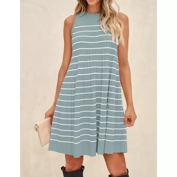 imageZESICA Womens 2024 Summer Sleeveless Tank Dress Crewneck Striped Knit Pleated A Line Casual Short Mini DressesGreen