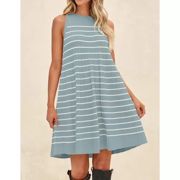 imageZESICA Womens 2024 Summer Sleeveless Tank Dress Crewneck Striped Knit Pleated A Line Casual Short Mini DressesGreen
