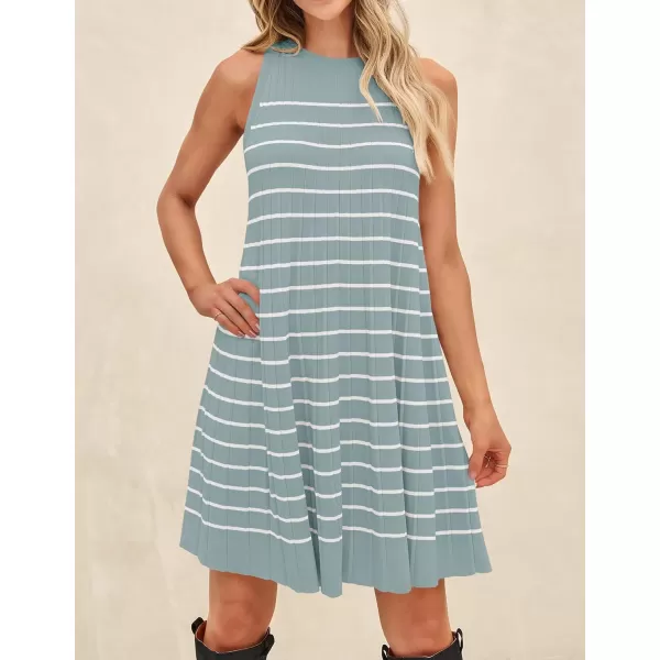 imageZESICA Womens 2024 Summer Sleeveless Tank Dress Crewneck Striped Knit Pleated A Line Casual Short Mini DressesGreen