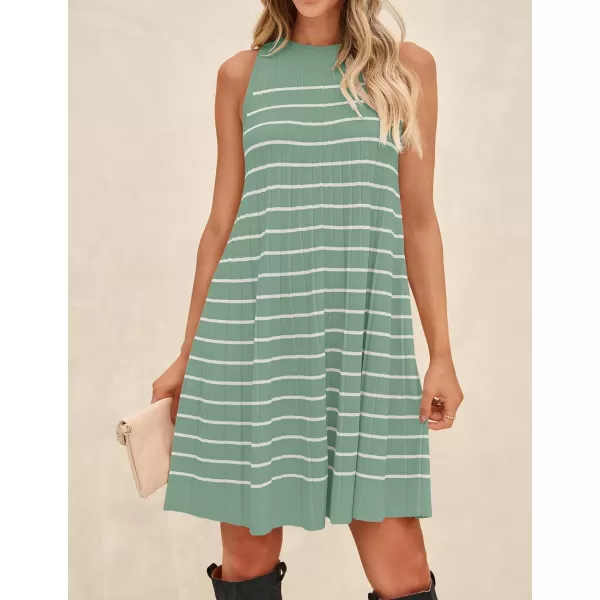 imageZESICA Womens 2024 Summer Sleeveless Tank Dress Crewneck Striped Knit Pleated A Line Casual Short Mini DressesLight Green