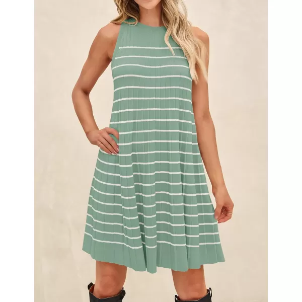 imageZESICA Womens 2024 Summer Sleeveless Tank Dress Crewneck Striped Knit Pleated A Line Casual Short Mini DressesLight Green