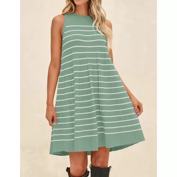 imageZESICA Womens 2024 Summer Sleeveless Tank Dress Crewneck Striped Knit Pleated A Line Casual Short Mini DressesLight Green