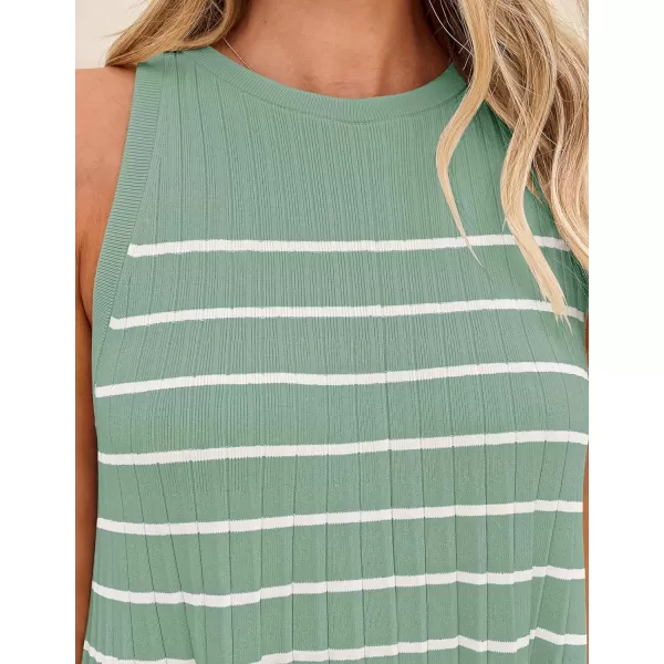 imageZESICA Womens 2024 Summer Sleeveless Tank Dress Crewneck Striped Knit Pleated A Line Casual Short Mini DressesLight Green