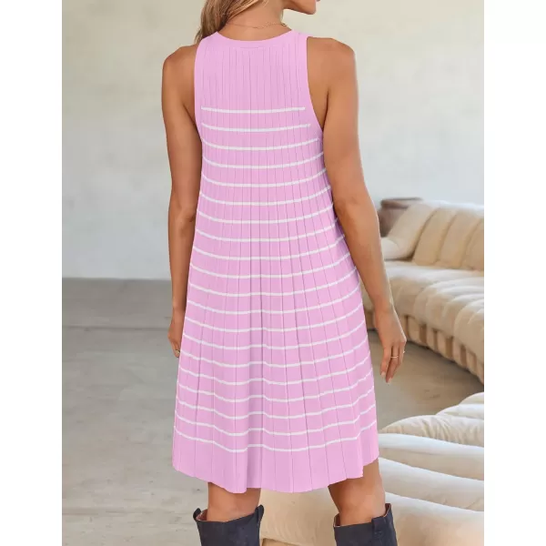 imageZESICA Womens 2024 Summer Sleeveless Tank Dress Crewneck Striped Knit Pleated A Line Casual Short Mini DressesPink