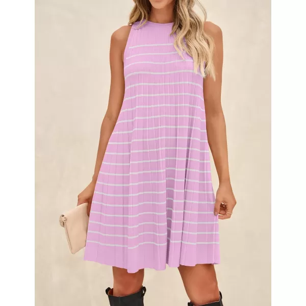 imageZESICA Womens 2024 Summer Sleeveless Tank Dress Crewneck Striped Knit Pleated A Line Casual Short Mini DressesPink