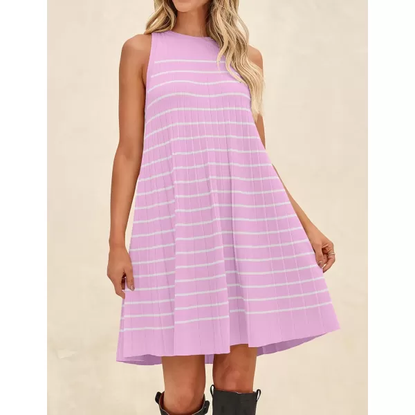 imageZESICA Womens 2024 Summer Sleeveless Tank Dress Crewneck Striped Knit Pleated A Line Casual Short Mini DressesPink