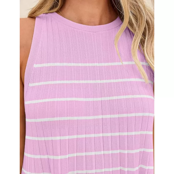 imageZESICA Womens 2024 Summer Sleeveless Tank Dress Crewneck Striped Knit Pleated A Line Casual Short Mini DressesPink