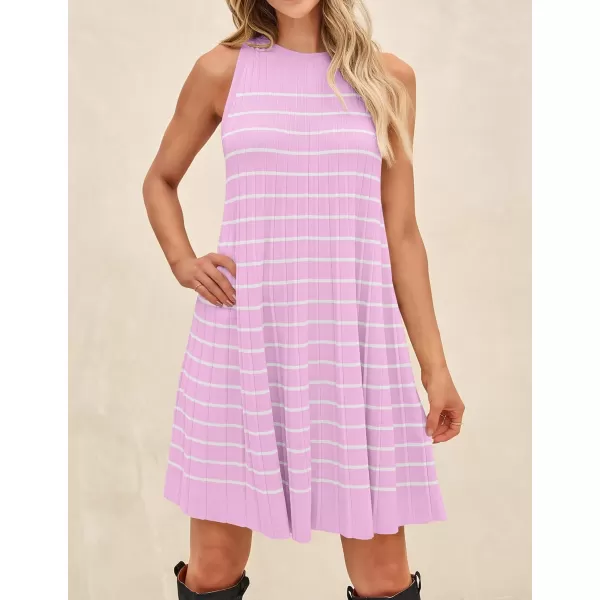 imageZESICA Womens 2024 Summer Sleeveless Tank Dress Crewneck Striped Knit Pleated A Line Casual Short Mini DressesPink