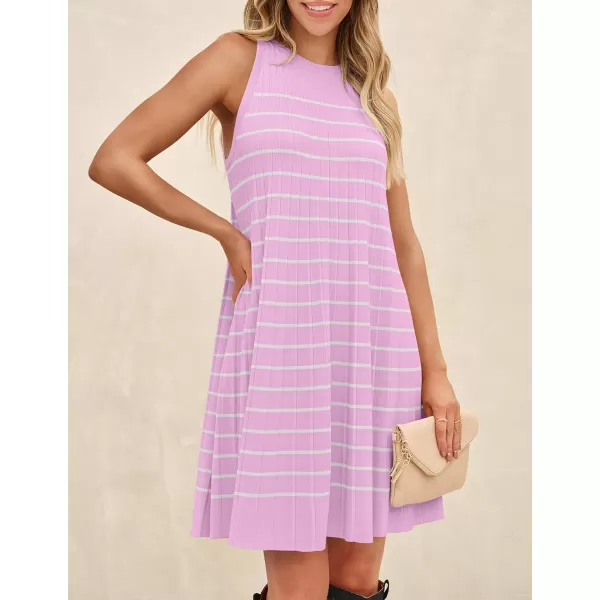 imageZESICA Womens 2024 Summer Sleeveless Tank Dress Crewneck Striped Knit Pleated A Line Casual Short Mini DressesPink