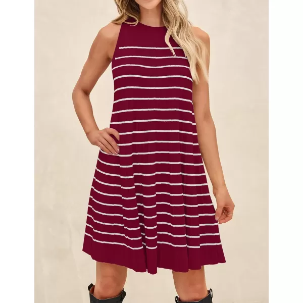 imageZESICA Womens 2024 Summer Sleeveless Tank Dress Crewneck Striped Knit Pleated A Line Casual Short Mini DressesRed
