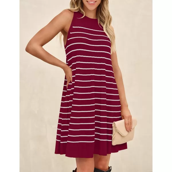 imageZESICA Womens 2024 Summer Sleeveless Tank Dress Crewneck Striped Knit Pleated A Line Casual Short Mini DressesRed
