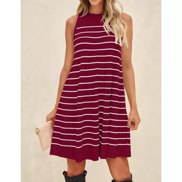imageZESICA Womens 2024 Summer Sleeveless Tank Dress Crewneck Striped Knit Pleated A Line Casual Short Mini DressesRed