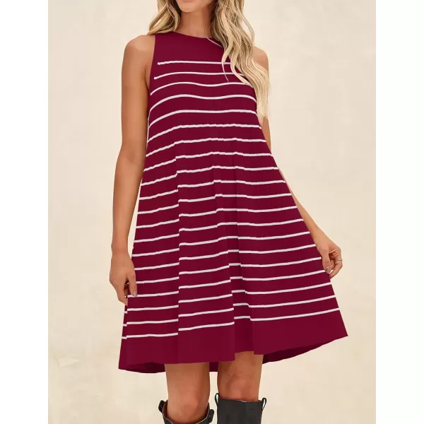imageZESICA Womens 2024 Summer Sleeveless Tank Dress Crewneck Striped Knit Pleated A Line Casual Short Mini DressesRed