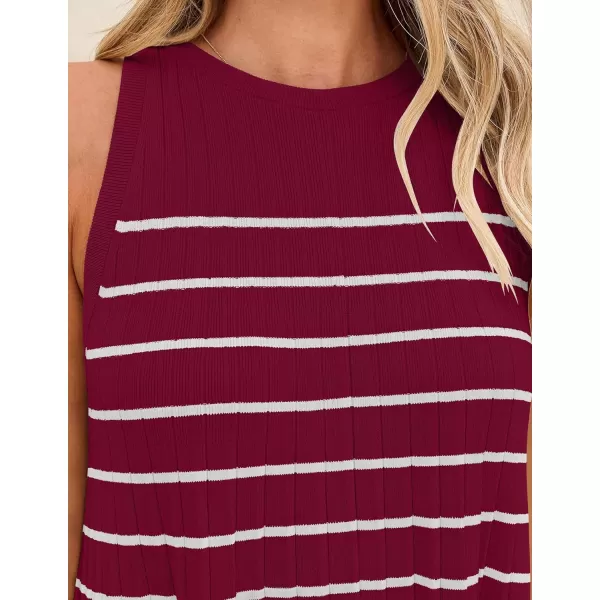 imageZESICA Womens 2024 Summer Sleeveless Tank Dress Crewneck Striped Knit Pleated A Line Casual Short Mini DressesRed