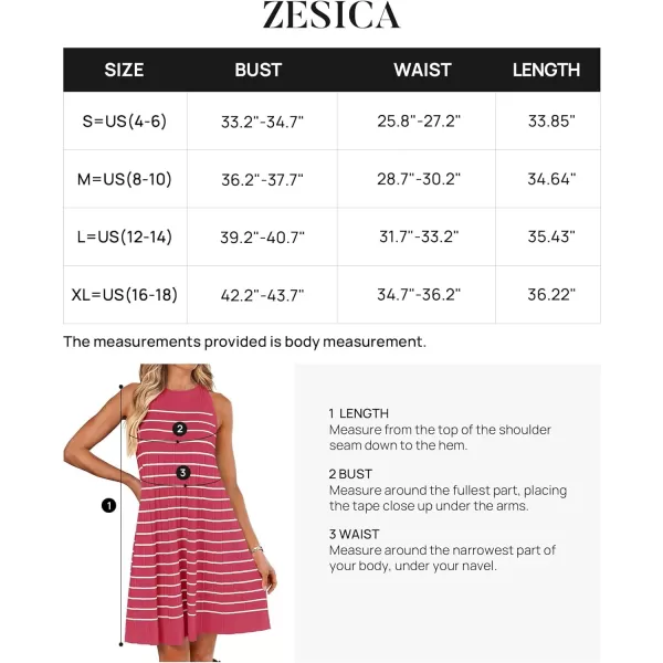 imageZESICA Womens 2024 Summer Sleeveless Tank Dress Crewneck Striped Knit Pleated A Line Casual Short Mini DressesWatermenlonred