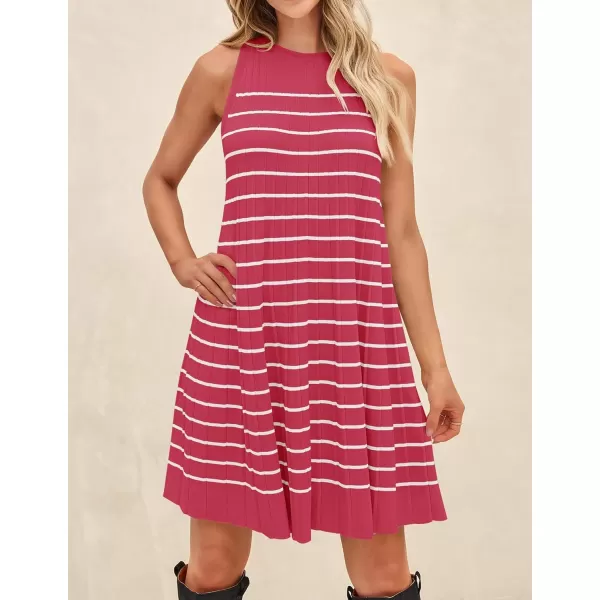 imageZESICA Womens 2024 Summer Sleeveless Tank Dress Crewneck Striped Knit Pleated A Line Casual Short Mini DressesWatermenlonred