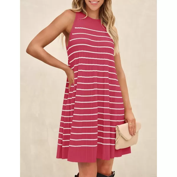 imageZESICA Womens 2024 Summer Sleeveless Tank Dress Crewneck Striped Knit Pleated A Line Casual Short Mini DressesWatermenlonred