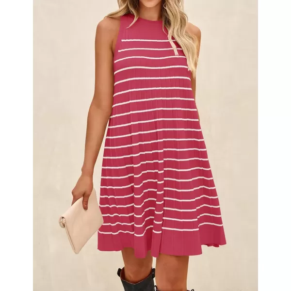 imageZESICA Womens 2024 Summer Sleeveless Tank Dress Crewneck Striped Knit Pleated A Line Casual Short Mini DressesWatermenlonred
