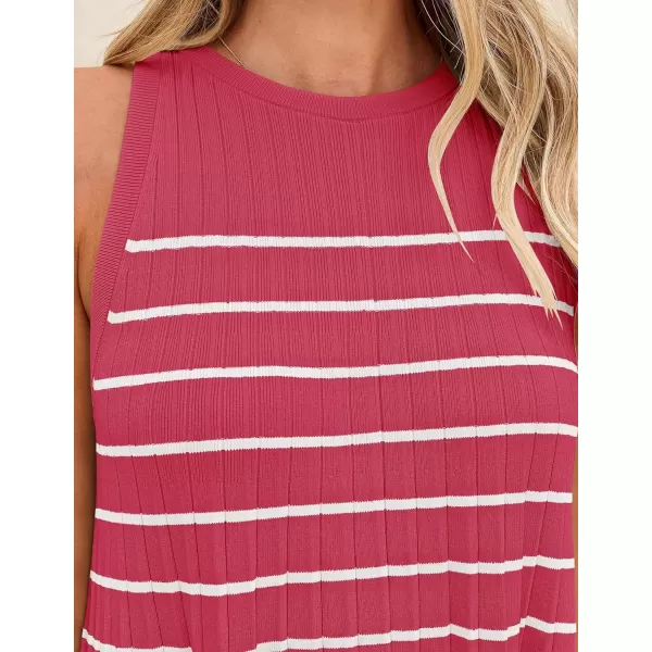 imageZESICA Womens 2024 Summer Sleeveless Tank Dress Crewneck Striped Knit Pleated A Line Casual Short Mini DressesWatermenlonred