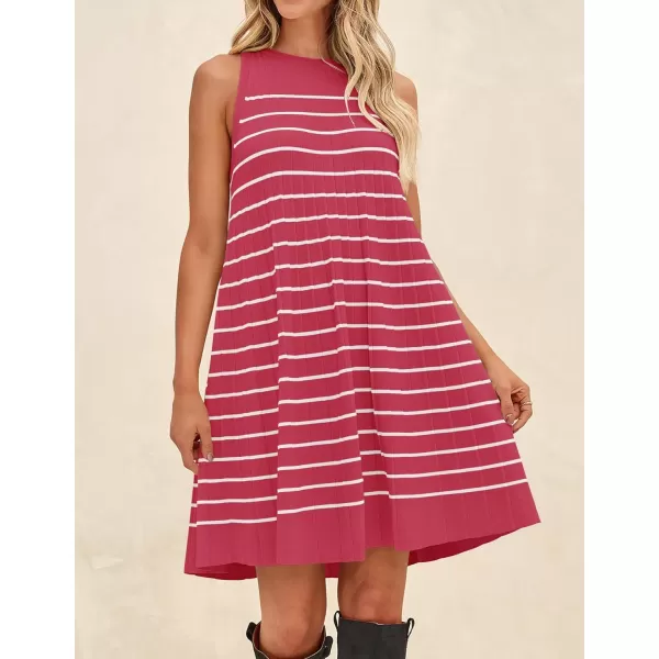 imageZESICA Womens 2024 Summer Sleeveless Tank Dress Crewneck Striped Knit Pleated A Line Casual Short Mini DressesWatermenlonred