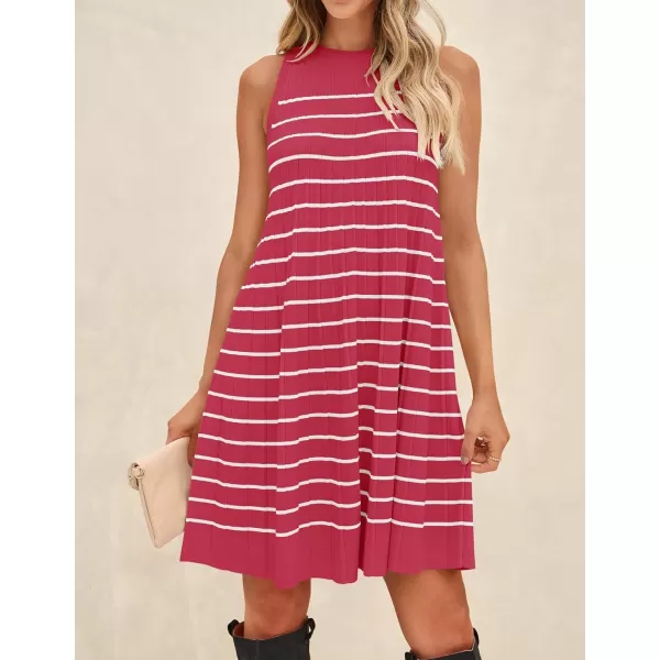 imageZESICA Womens 2024 Summer Sleeveless Tank Dress Crewneck Striped Knit Pleated A Line Casual Short Mini DressesWatermenlonred