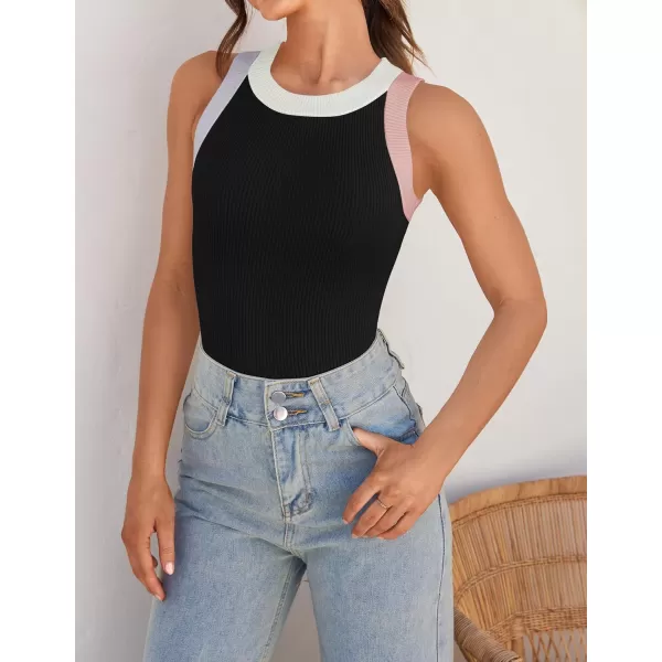 imageZESICA Womens 2024 Summer Sleeveless Tank Tops Ribbed High Neck Racerback Slim Fitted Color Block Casual ShirtsBlack