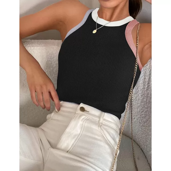 imageZESICA Womens 2024 Summer Sleeveless Tank Tops Ribbed High Neck Racerback Slim Fitted Color Block Casual ShirtsBlack