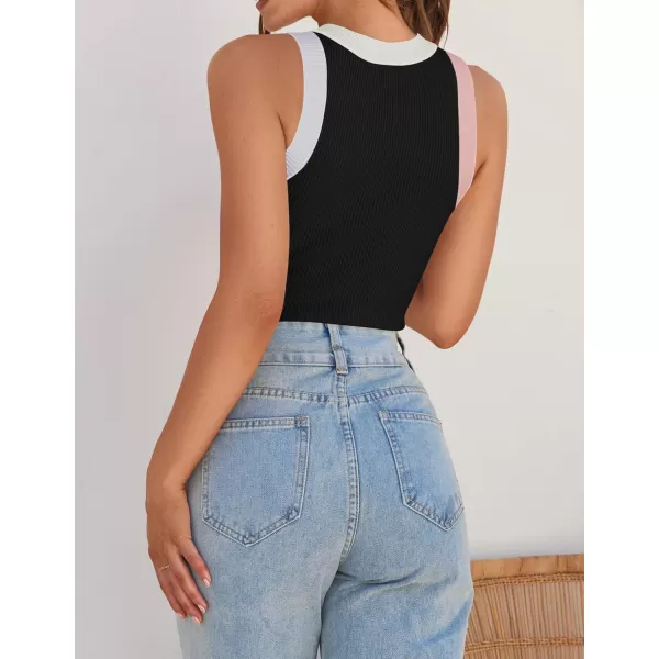 imageZESICA Womens 2024 Summer Sleeveless Tank Tops Ribbed High Neck Racerback Slim Fitted Color Block Casual ShirtsBlack