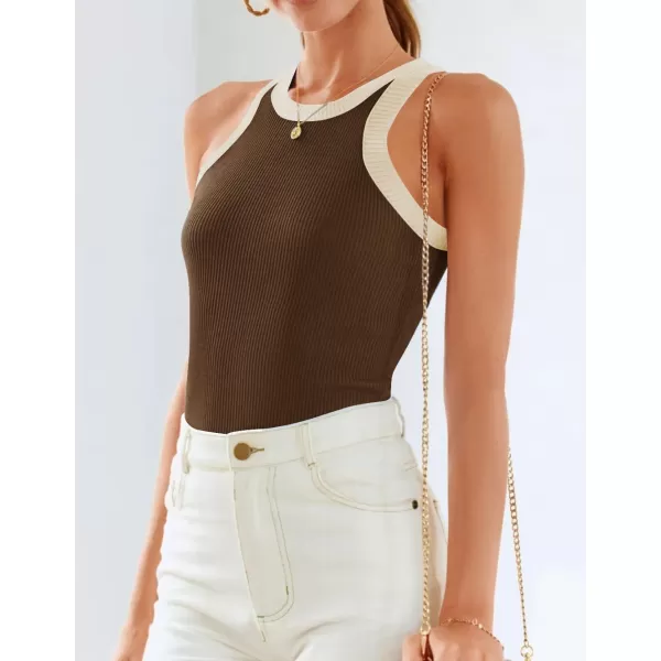 imageZESICA Womens 2024 Summer Sleeveless Tank Tops Ribbed High Neck Racerback Slim Fitted Color Block Casual ShirtsBrown