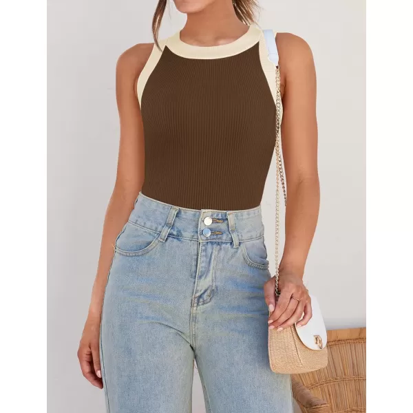 imageZESICA Womens 2024 Summer Sleeveless Tank Tops Ribbed High Neck Racerback Slim Fitted Color Block Casual ShirtsBrown