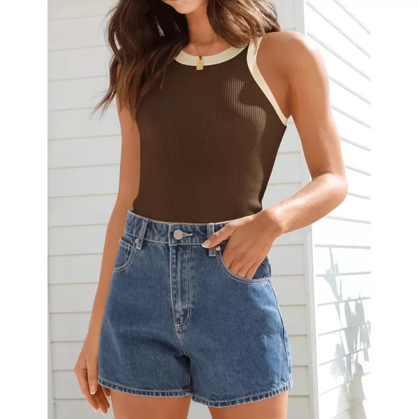 imageZESICA Womens 2024 Summer Sleeveless Tank Tops Ribbed High Neck Racerback Slim Fitted Color Block Casual ShirtsBrown