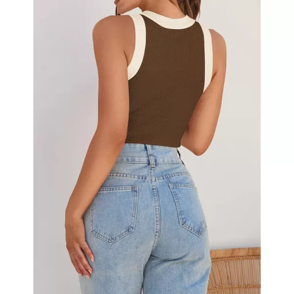 imageZESICA Womens 2024 Summer Sleeveless Tank Tops Ribbed High Neck Racerback Slim Fitted Color Block Casual ShirtsBrown